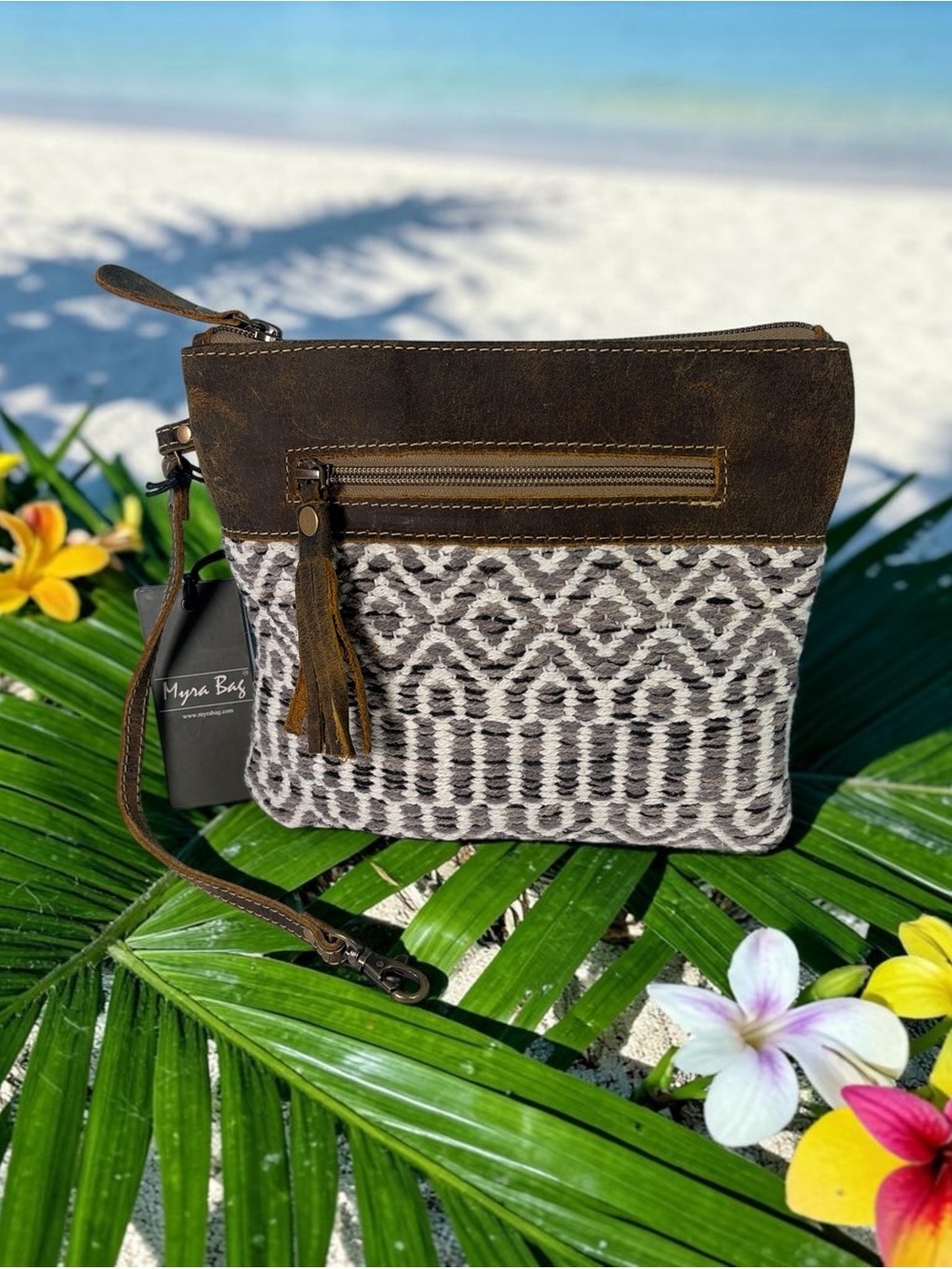 Myra Bag S-2042 Rug, Distressed Leather, Canvas 9.5"x8.5" Pouch Wristlet Clutch
